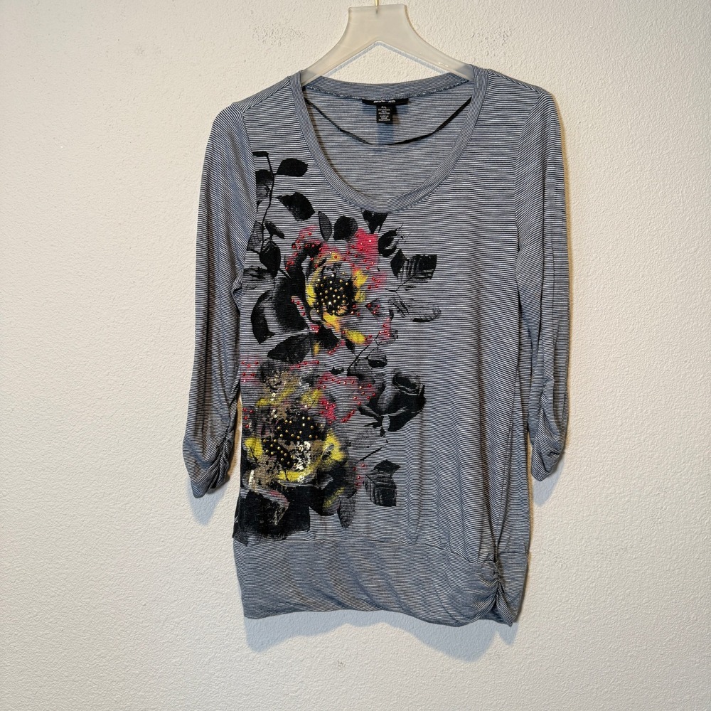 Style & Co Petite Large Gray Striped Floral Graphic Scoop Neck 3/4 Sleeve Top